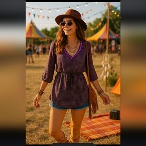 Free People OVERSIZED Tunic Top SIZE XS Viscose Boho Metallic Trim 3/4 Sleeves●